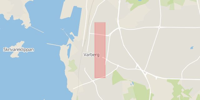 Karta som med röd fyrkant ramar in Östra Långgatan, Varberg, Hallands län
