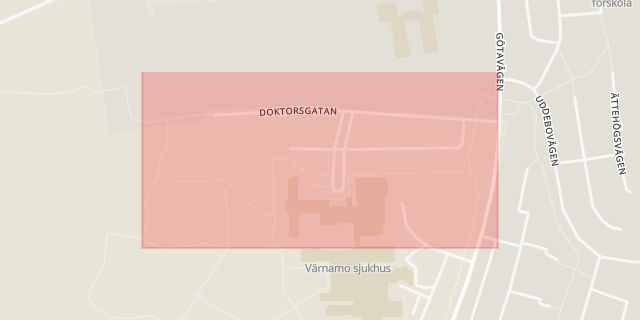Karta som med röd fyrkant ramar in Matbutik, Doktorsgatan, Värnamo, Jönköpings län