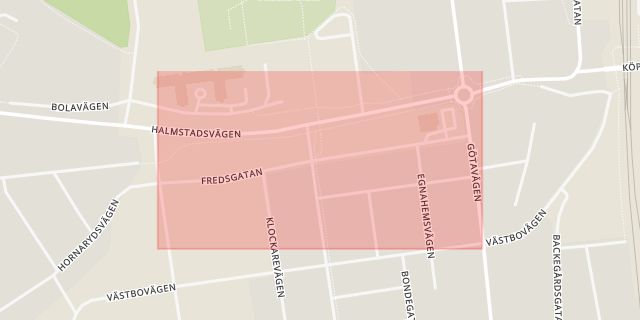Karta som med röd fyrkant ramar in Fredsgatan, Värnamo, Jönköpings län
