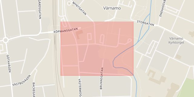 Karta som med röd fyrkant ramar in Pumparegatan, Värnamo, Jönköpings län