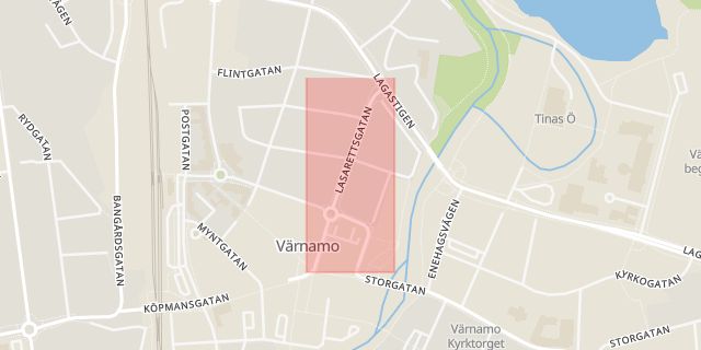 Karta som med röd fyrkant ramar in Lasarettsgatan, Värnamo, Jönköpings län