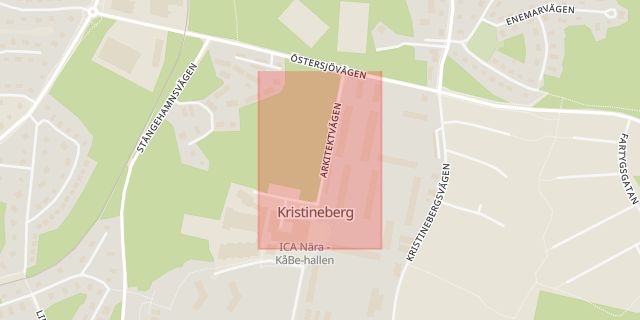 Karta som med röd fyrkant ramar in Arkitektvägen, Kristineberg, Oskarshamn, Kalmar län
