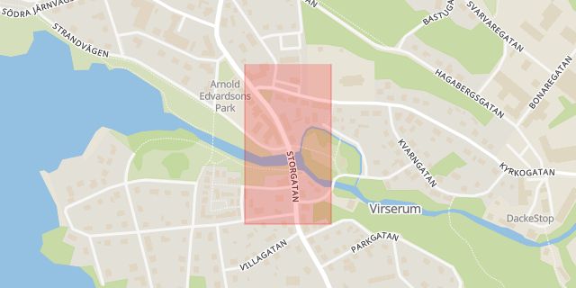 Karta som med röd fyrkant ramar in Virserum, Strandvägen, Storgatan, Hultsfred, Kalmar län