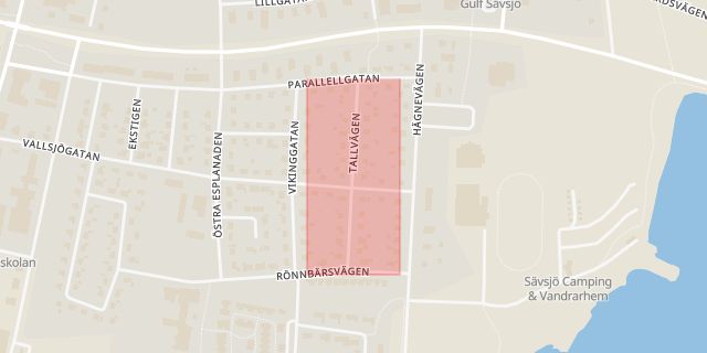 Karta som med röd fyrkant ramar in Tallvägen, Sävsjö, Jönköpings län
