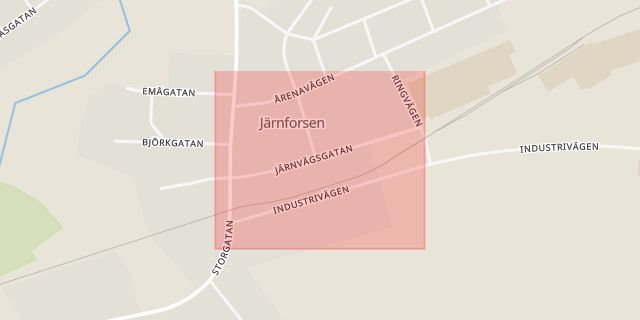 Karta som med röd fyrkant ramar in Järnforsen, Järnvägsgatan, Hultsfred, Kalmar län