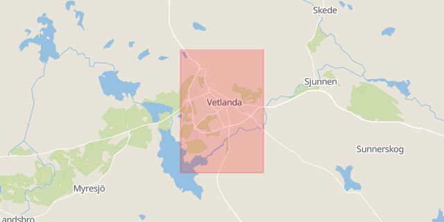 Karta som med röd fyrkant ramar in Vetlanda Kommun, Vetlanda, Jönköpings län