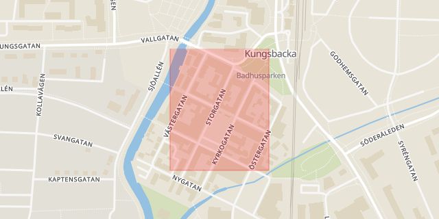 Karta som med röd fyrkant ramar in Kungsbacka, Torggatan, Hallands län