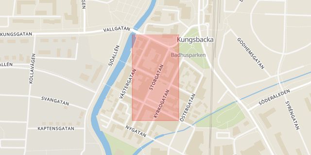 Karta som med röd fyrkant ramar in Storgatan, Norra Torggatan, Hallands län