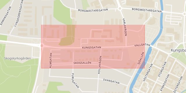 Karta som med röd fyrkant ramar in Kungsbacka, Kungsgatan, Falkenberg, Baldersgatan, Hallands län