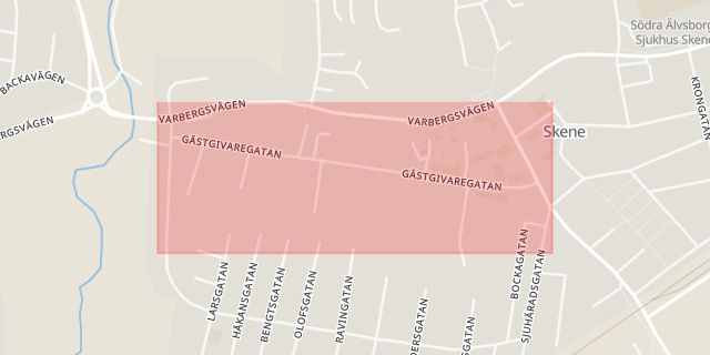 Karta som med röd fyrkant ramar in Skene, Gästgivaregatan, Mark, Västra Götalands län