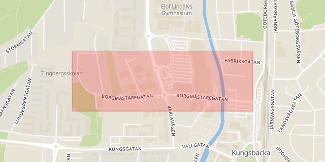Karta som med röd fyrkant ramar in Borgmästaregatan, Kungsbacka, Hallands län