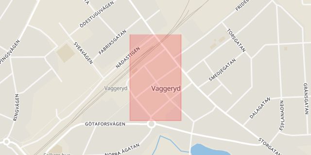 Karta som med röd fyrkant ramar in Järnvägsgatan, Vaggeryd, Jönköpings län