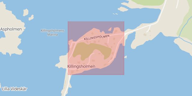 Karta som med röd fyrkant ramar in Killingsholmen, Göteborg, Västra Götalands län