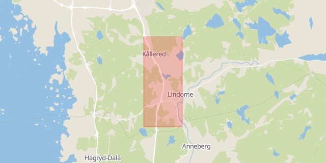 Karta som med röd fyrkant ramar in Rävebergsvägen, Agnesberg, Angeredsvinkeln, Streteredsvägen, Mölndal, Göteborg, Gamla Partillevägen, Härryda, Gamla Riksvägen, Lindome, Torestorp, Frufällan, Borås, Bredared, Öxabäck, Västra Götalands län