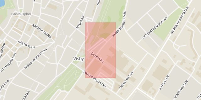 Karta som med röd fyrkant ramar in Östercentrum, Visby, Gotland, Gotlands län