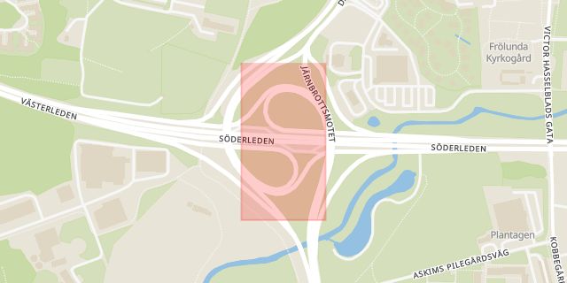 Karta som med röd fyrkant ramar in Järnbrottsmotet, Radiomotet, Göteborg, Västra Götalands län