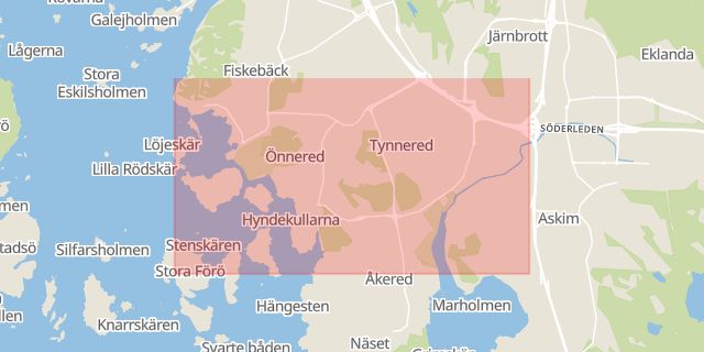 Karta som med röd fyrkant ramar in Önnered, Göteborg, Västra Götalands län