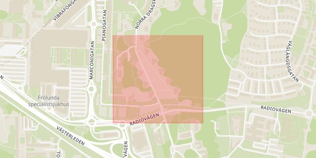 Karta som med röd fyrkant ramar in Lilla Edet, Brovägen, Göteborg, Södra Dragspelsgatan, Nya Kinnavägen, Hyssna, Västra Götalands län