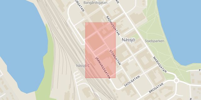 Karta som med röd fyrkant ramar in Esplanaden, Nässjö, Jönköpings län