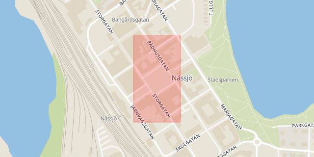 Karta som med röd fyrkant ramar in Stortorget, Nässjö, Jönköpings län