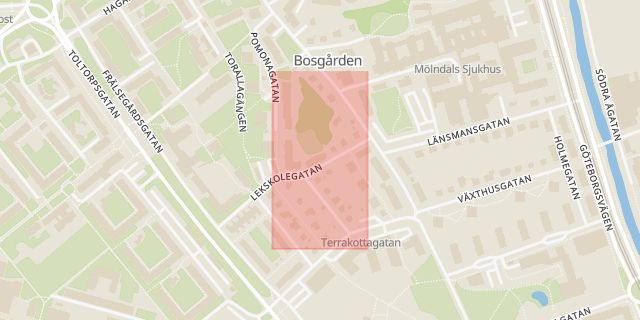 Karta som med röd fyrkant ramar in Bosgården, Knarrhögsgatan, Göteborgsvägen, Mölndal, Västra Götalands län