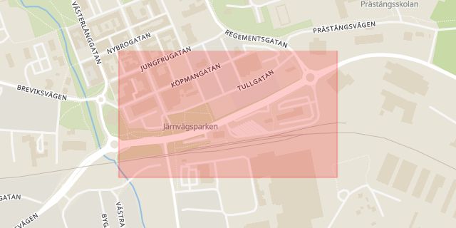 Karta som med röd fyrkant ramar in Järnvägsgatan, Eksjö, Jönköpings län