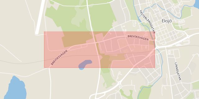 Karta som med röd fyrkant ramar in Gatan, Breviksvägen, Eksjö, Jönköpings län