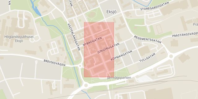Karta som med röd fyrkant ramar in Södra Storgatan, Eksjö, Jönköpings län