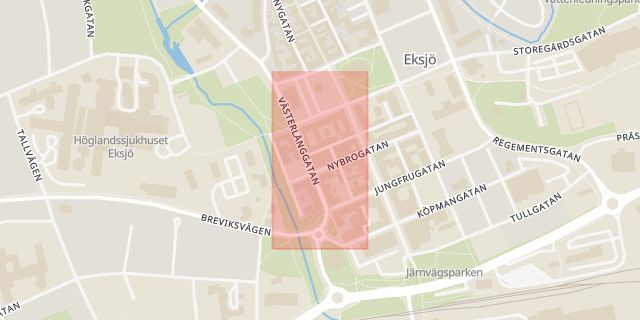 Karta som med röd fyrkant ramar in Eksjö, Spexhult, Nässjö Kommun, Nässjö, Jönköpings län