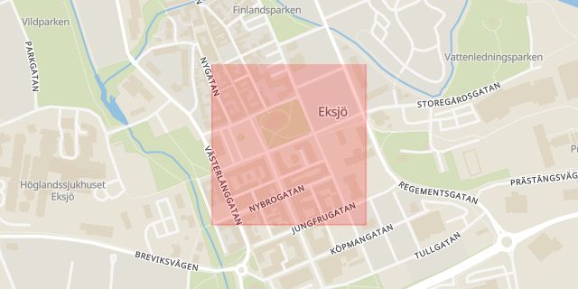 Karta som med röd fyrkant ramar in Stora Torget, Eksjö, Jönköpings län