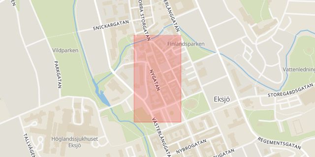 Karta som med röd fyrkant ramar in Eksjö, Nygatan, Jönköpings län