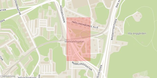 Karta som med röd fyrkant ramar in Marklandsgatan, Axel Dahlströms Torg, Göteborg, Västra Götalands län
