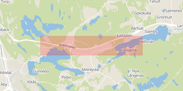 Karta som med röd fyrkant ramar in Boråsvägen, Mölnlycke, Härryda, Västra Götalands län