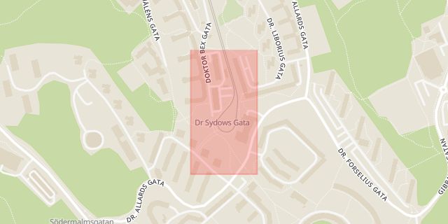 Karta som med röd fyrkant ramar in Doktor Bex Gata, Guldheden, Doktor Sydows Gata, Göteborg, Västra Götalands län
