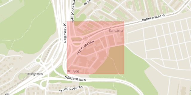 Karta som med röd fyrkant ramar in Knipplagatan, Göteborg, Västra Götalands län