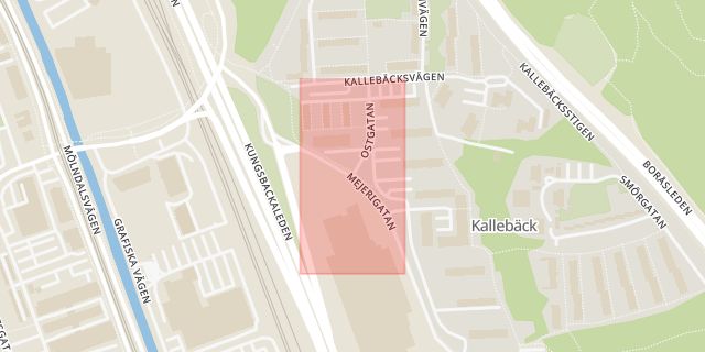 Karta som med röd fyrkant ramar in Kallebäck, Stockholm, Göteborg, Västra Götalands län