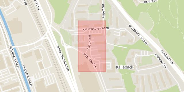 Karta som med röd fyrkant ramar in Göteborg, Björklundsvägen, Östgatan, Kallebäck, Västra götalands län, Västra Götalands län