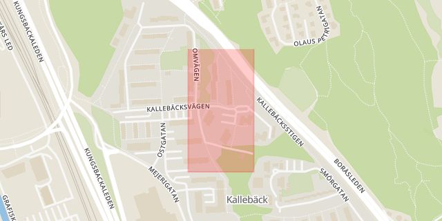 Karta som med röd fyrkant ramar in Kallebäck, Kallebäcksvägen, Göteborg, Västra Götalands län