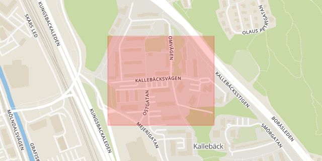 Karta som med röd fyrkant ramar in Kallebäck, Kallebäcksvägen, Göteborg, Västra Götalands län