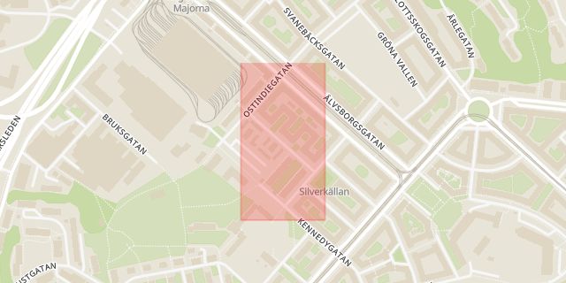 Karta som med röd fyrkant ramar in Majstångsgatan, Göteborg, Västra Götalands län