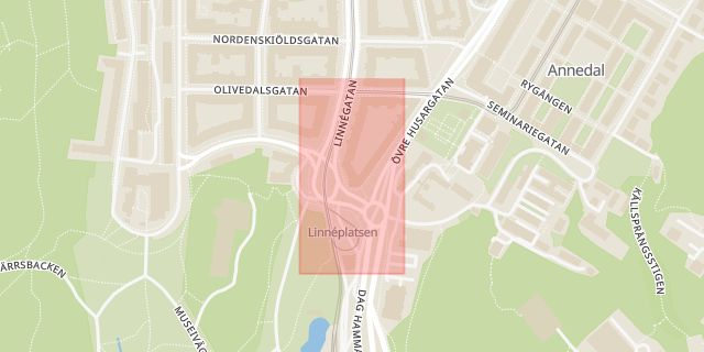 Karta som med röd fyrkant ramar in Olivedal, Linnégatan, Linnéplatsen, Göteborg, Västra Götalands län