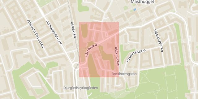 Karta som med röd fyrkant ramar in Stigberget, Fjällgatan, Göteborg, Västra Götalands län