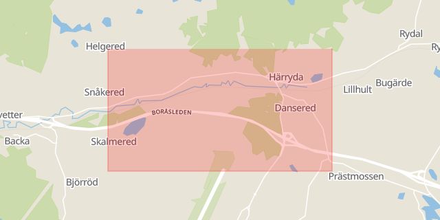 Karta som med röd fyrkant ramar in Boråsvägen, Tippen, Härryda, Västra Götalands län