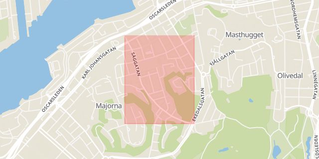 Karta som med röd fyrkant ramar in Trollhättan, Lantmannagatan, Göteborg, Såggatan, Majorna, Västra Götalands län