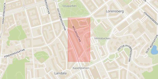 Karta som med röd fyrkant ramar in Molinsgatan, Göteborg, Västra Götalands län