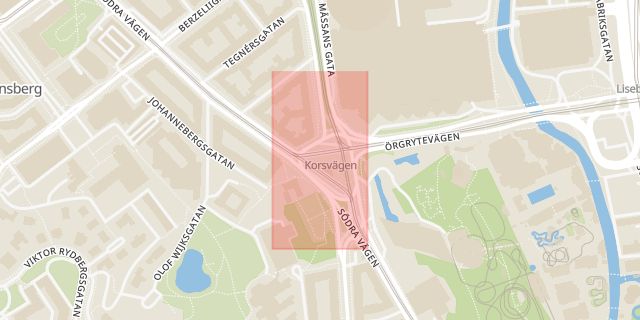 Karta som med röd fyrkant ramar in Korsvägen, Göteborg, Västra Götalands län