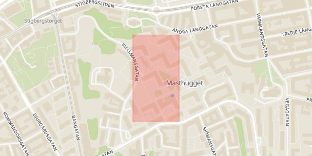 Karta som med röd fyrkant ramar in Masthugget, Fyrmästaregången, Göteborg, Västra Götalands län