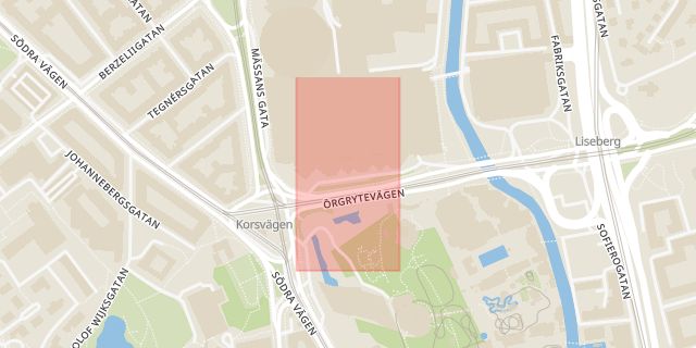 Karta som med röd fyrkant ramar in Korsvägen, Gothia Towers, Göteborg, Västra Götalands län