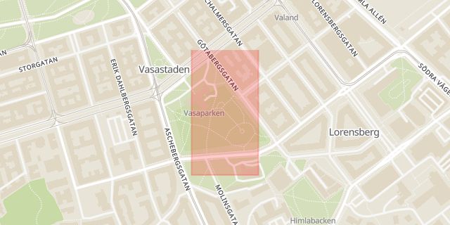 Karta som med röd fyrkant ramar in Vasaparken, Göteborg, Västra Götalands län