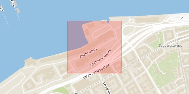 Karta som med röd fyrkant ramar in Fiskhamnen, Göteborg, Västra Götalands län